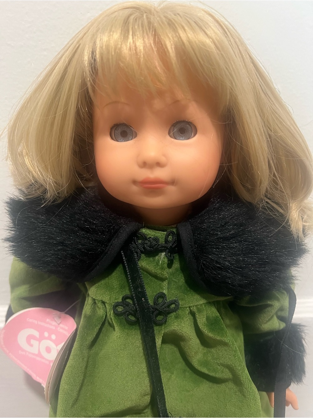 Vintage Götz Doll Blonde Hair Green Velvet Dress w/ Faux Fur Trim Germany - Picture 4 of 12